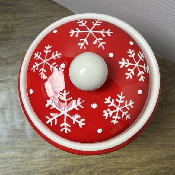 Hallmark Snowman Holiday Snowflake Red Ceramic Christmas Cookie Jar - Picture 7 of 13